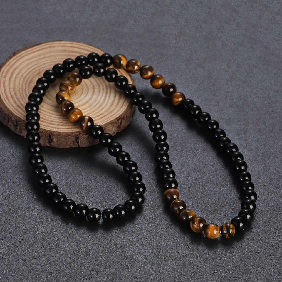 Men’s Black Obsidian & Tiger Eye Stone Beaded Necklace 24″ Natural Stone Jewelry