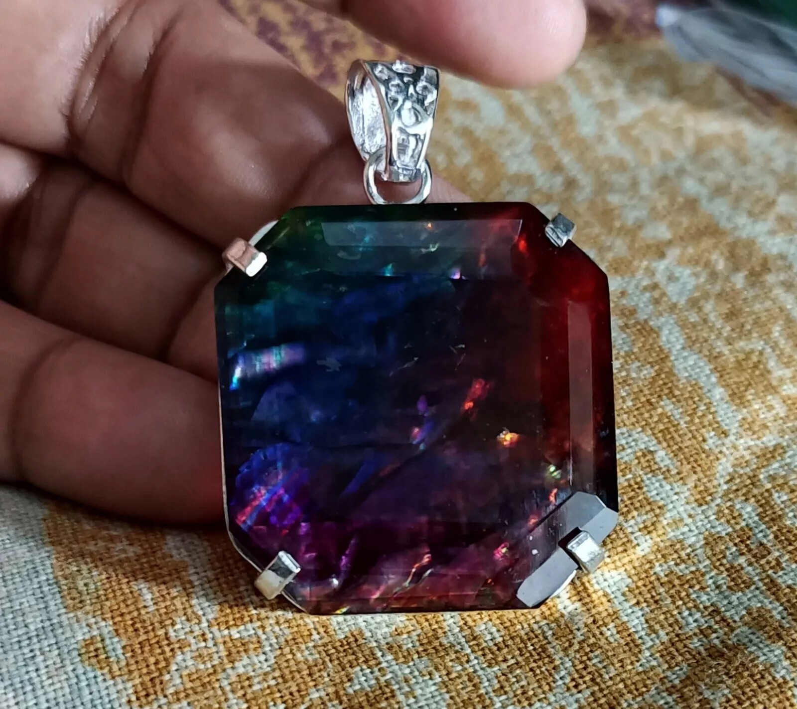 Ammolite Natural Pendant 90.24 Ct Loose Gemstone Asscher Cut 925 Sterling Silver