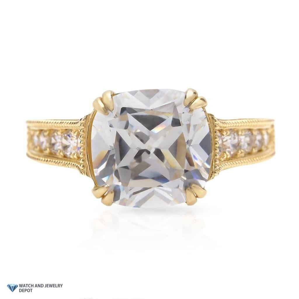 5Ct Cushion Simulated Diamond Engagement Ring 14K Real Gold Yellow Wedding