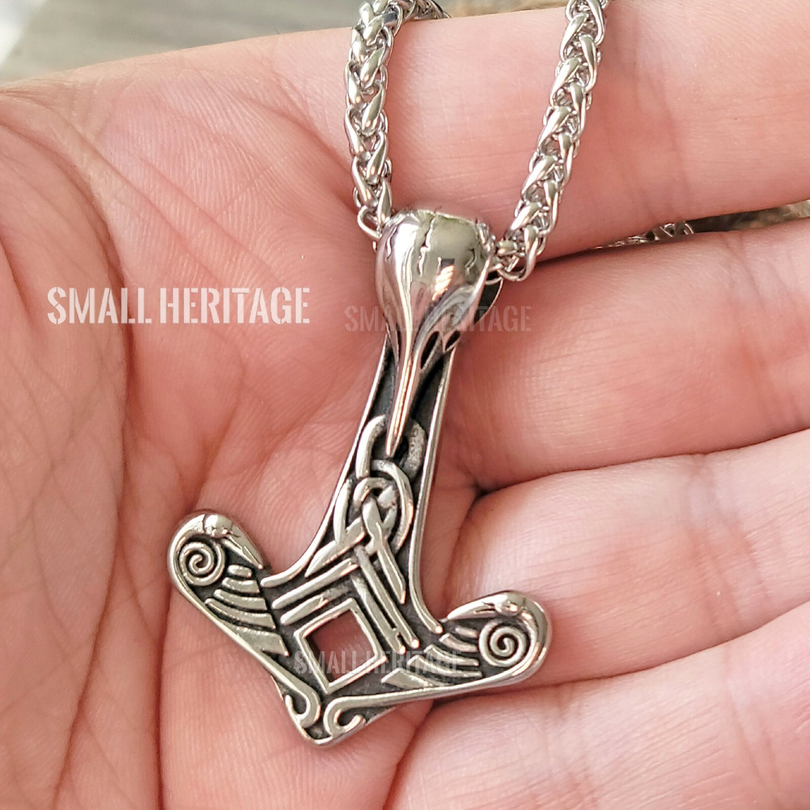 Viking Stainless Steel Raven Necklace Mjolnir Hammer Pendant Chain Norse Amulet