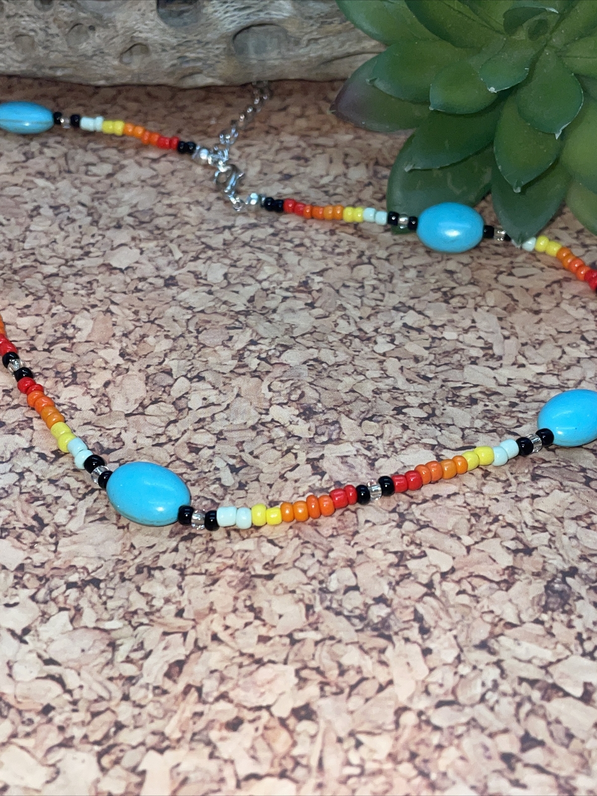 Handmade Beaded Turquoise Black Orange Yellow Choker Necklace BRIGHT Stocking St