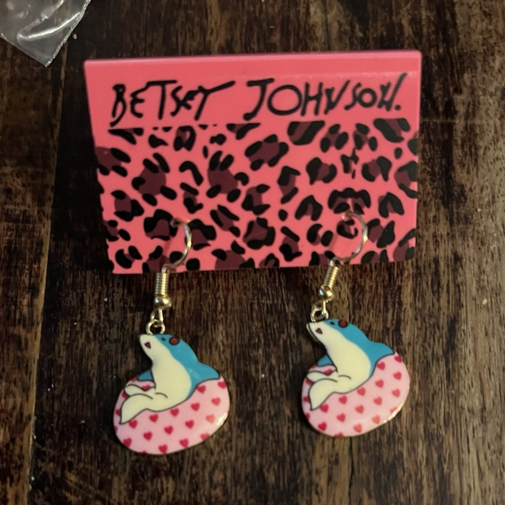 Betsey Johnson Multicolor Enamel Animal Dangle Drop Hook Earrings Signed