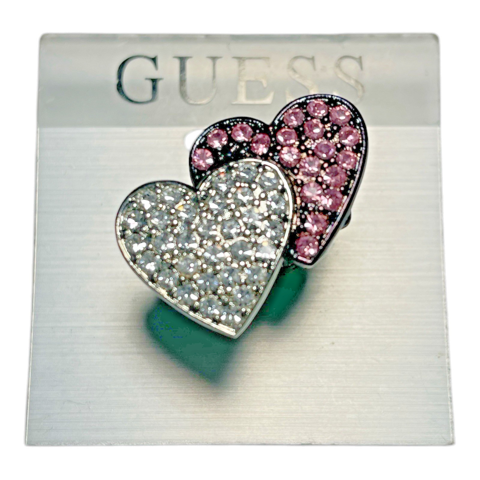 Guess Two Hearts Crystal Ring Silver Black Pink Signed New Size 7
