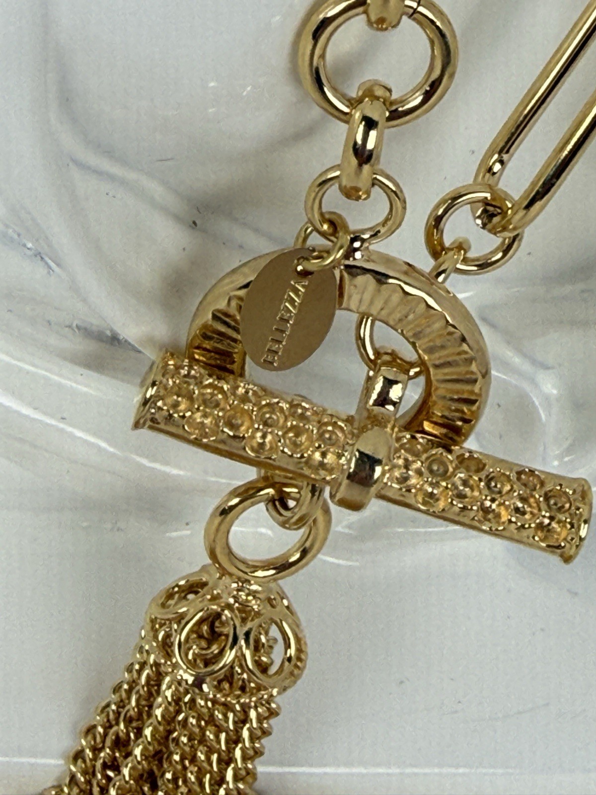 NWT Bellezza 18K Gold over Bronze Paperclip Oval Link Tassel Toggle Necklace
