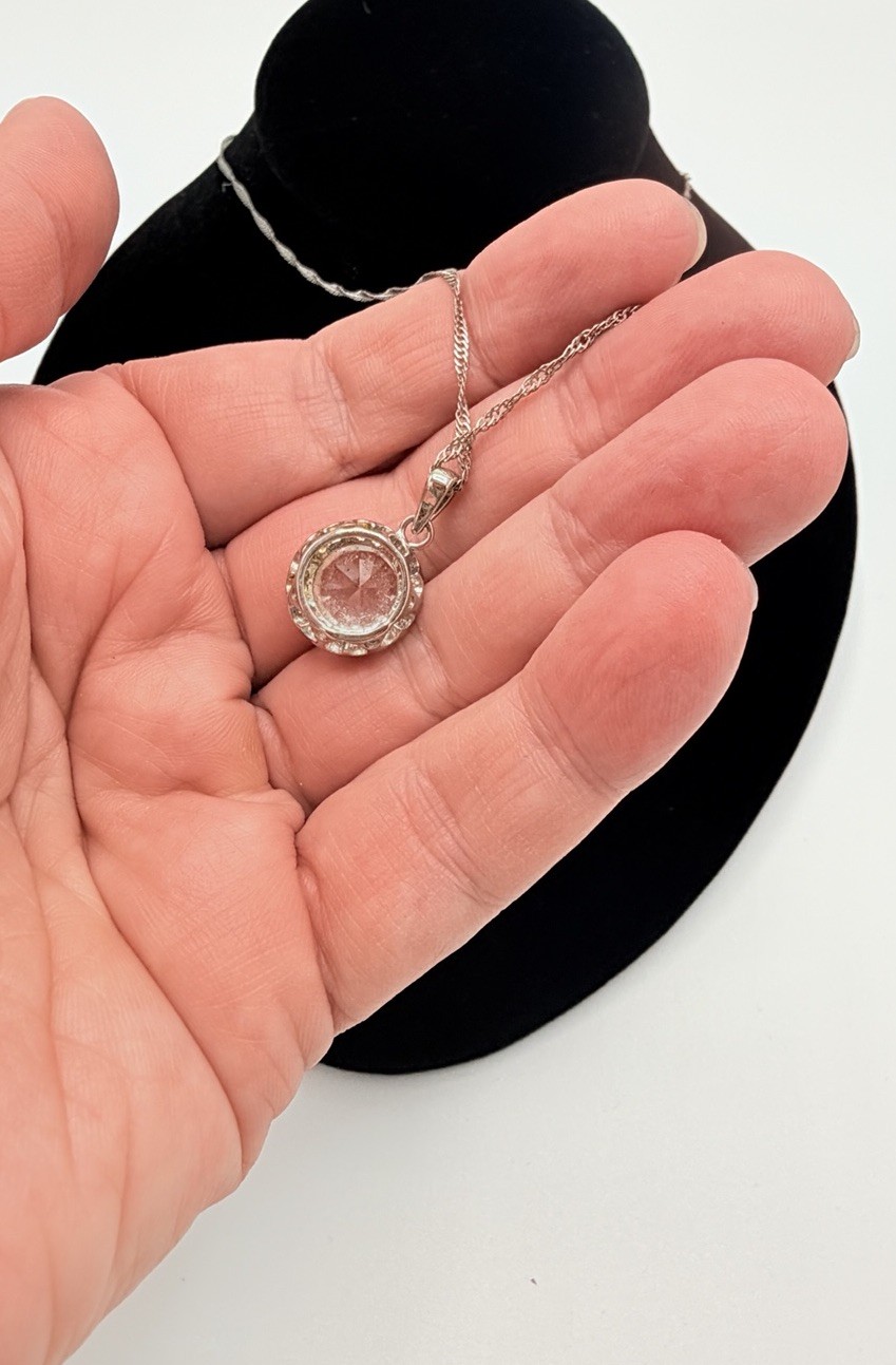 Silver Tone Halo CZ Crystal Pendant Necklace Round Clear Stone Adjustable