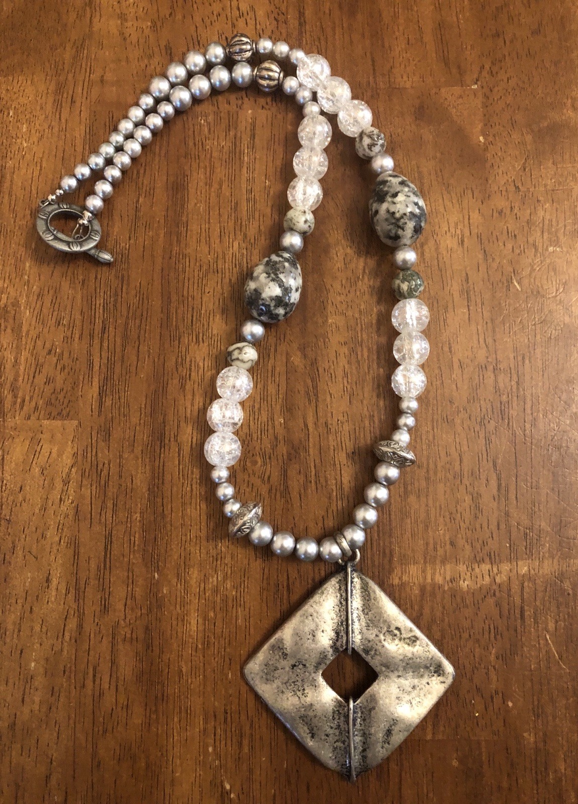 Heavy Mixed Beaded Necklace Rustic Silver Tone Pendant 23.5 In (T1)