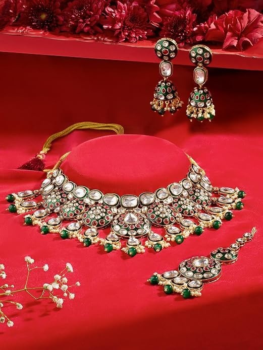 Jaywar Gold Plated Bridal Necklace Set with Earrings & Maang Tikka for Women