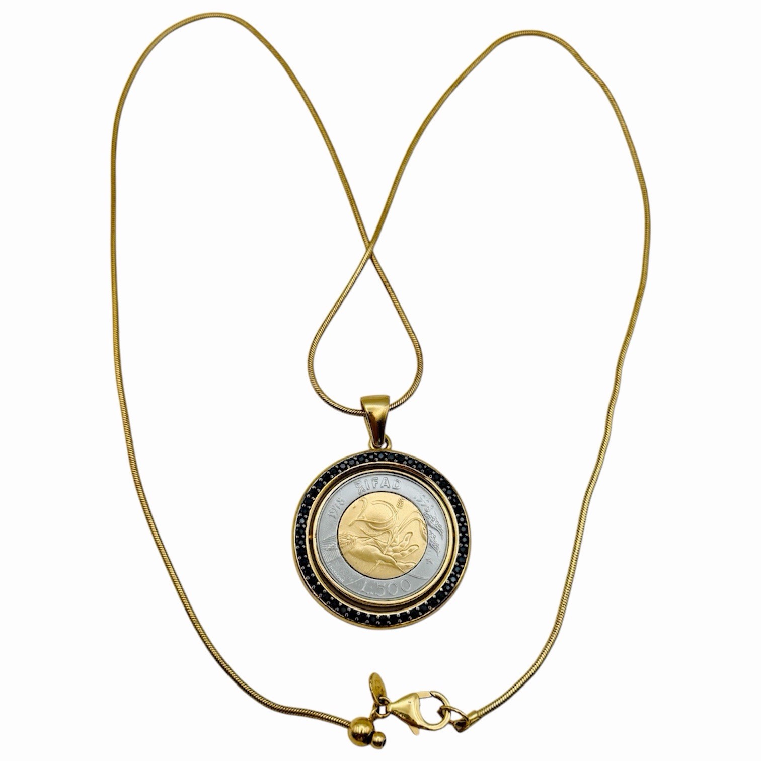Bezzella ITAOR Necklace 23″ Faux-Saphire Lira Coin Pendant Charm Gold Tone Italy