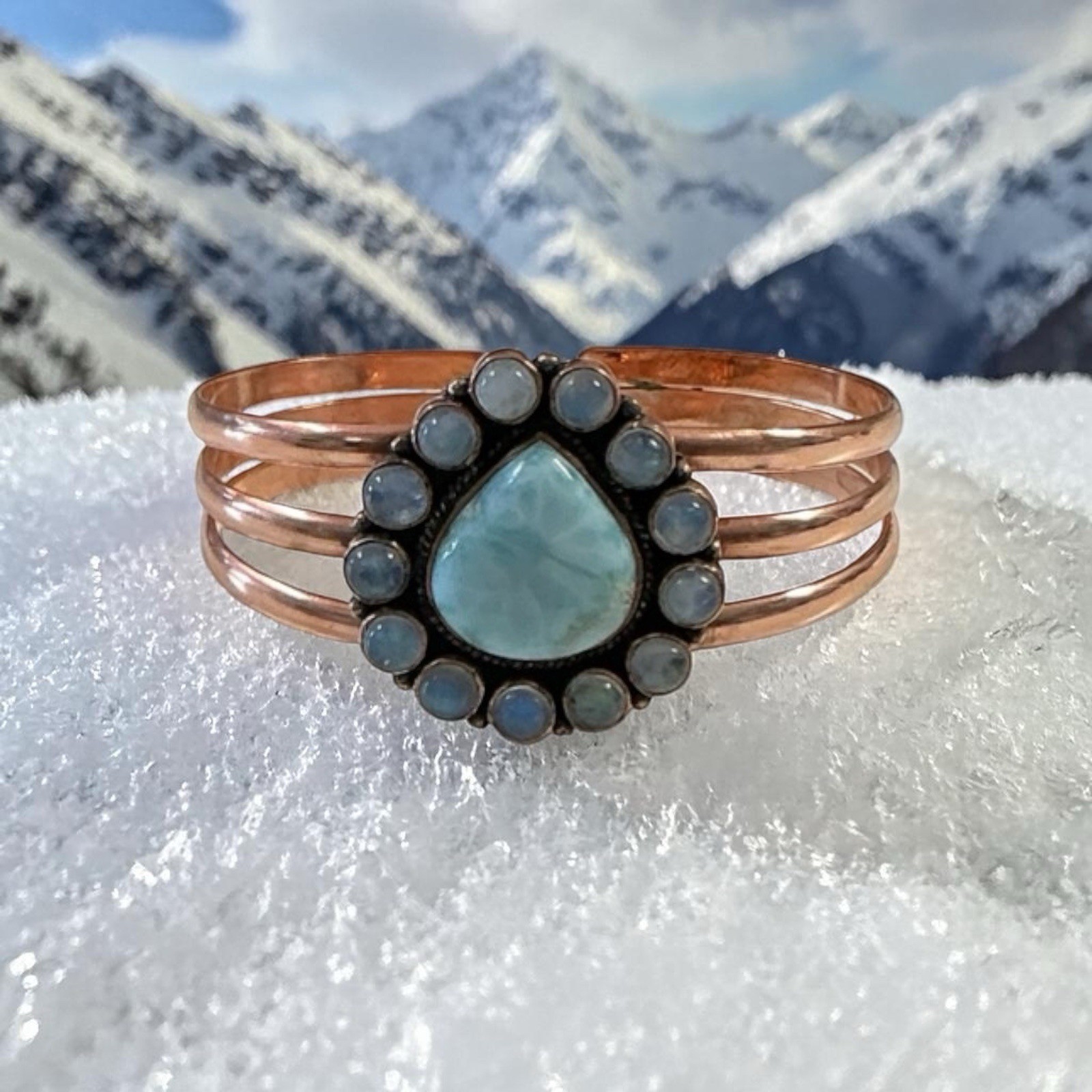 Larimar Moonstone Copper Cuff Bracelet Southwestern Adjustable 6-8”