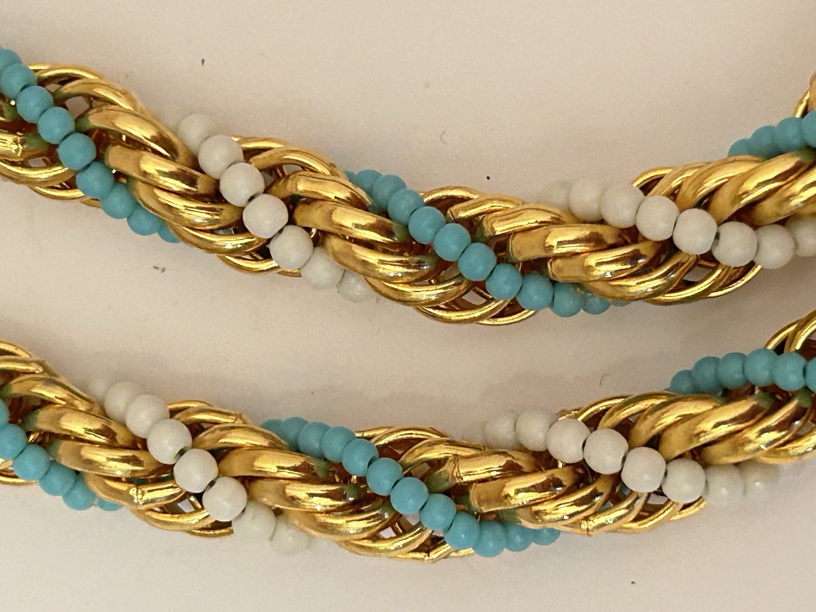 Gold Tone White Blue Seed Beads Twisted Necklace B17