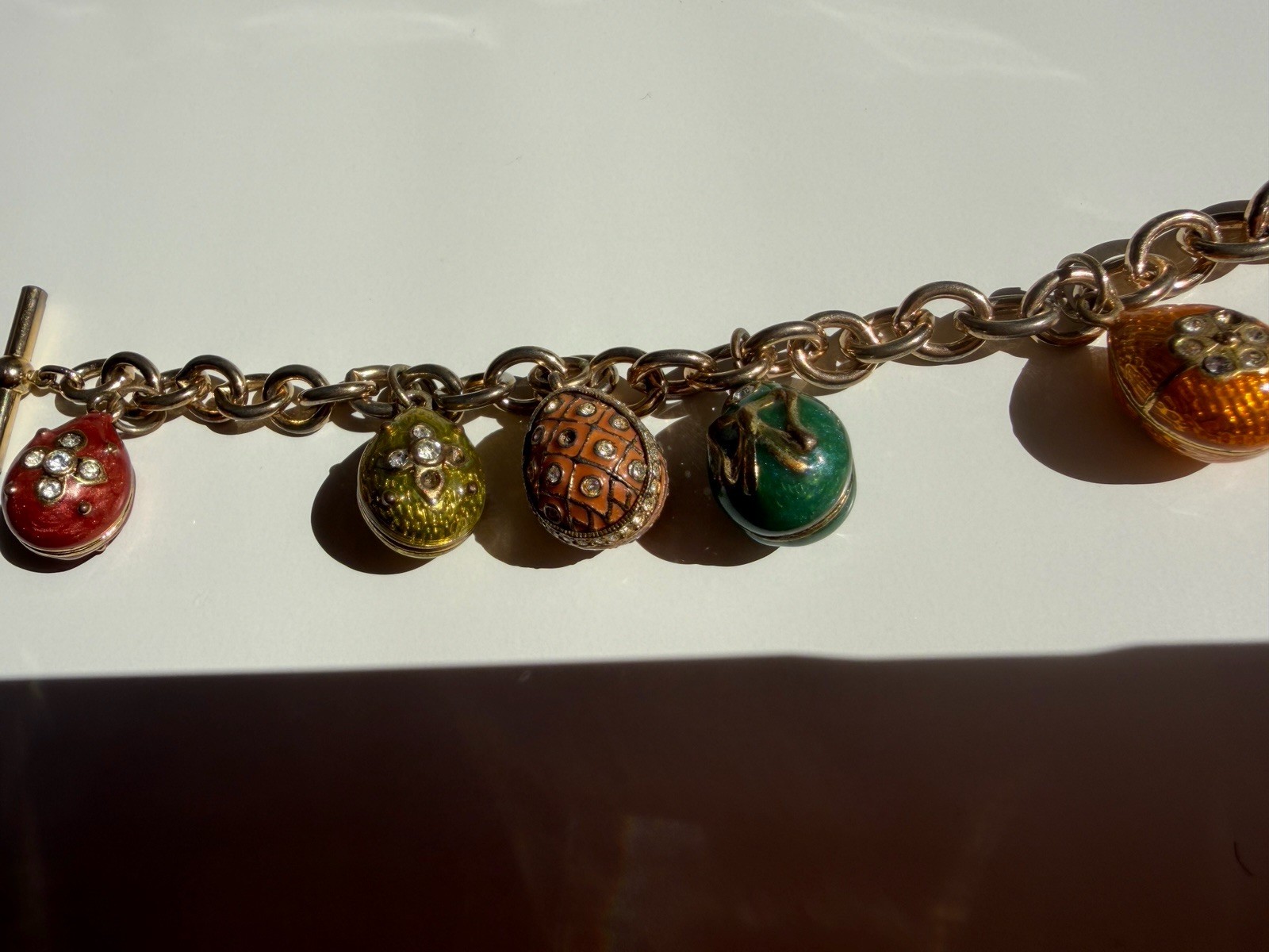 Fabergé-Inspired Egg Charm Bracelet Soft Enamel Tone Gold Tone Rhinestones AS IS