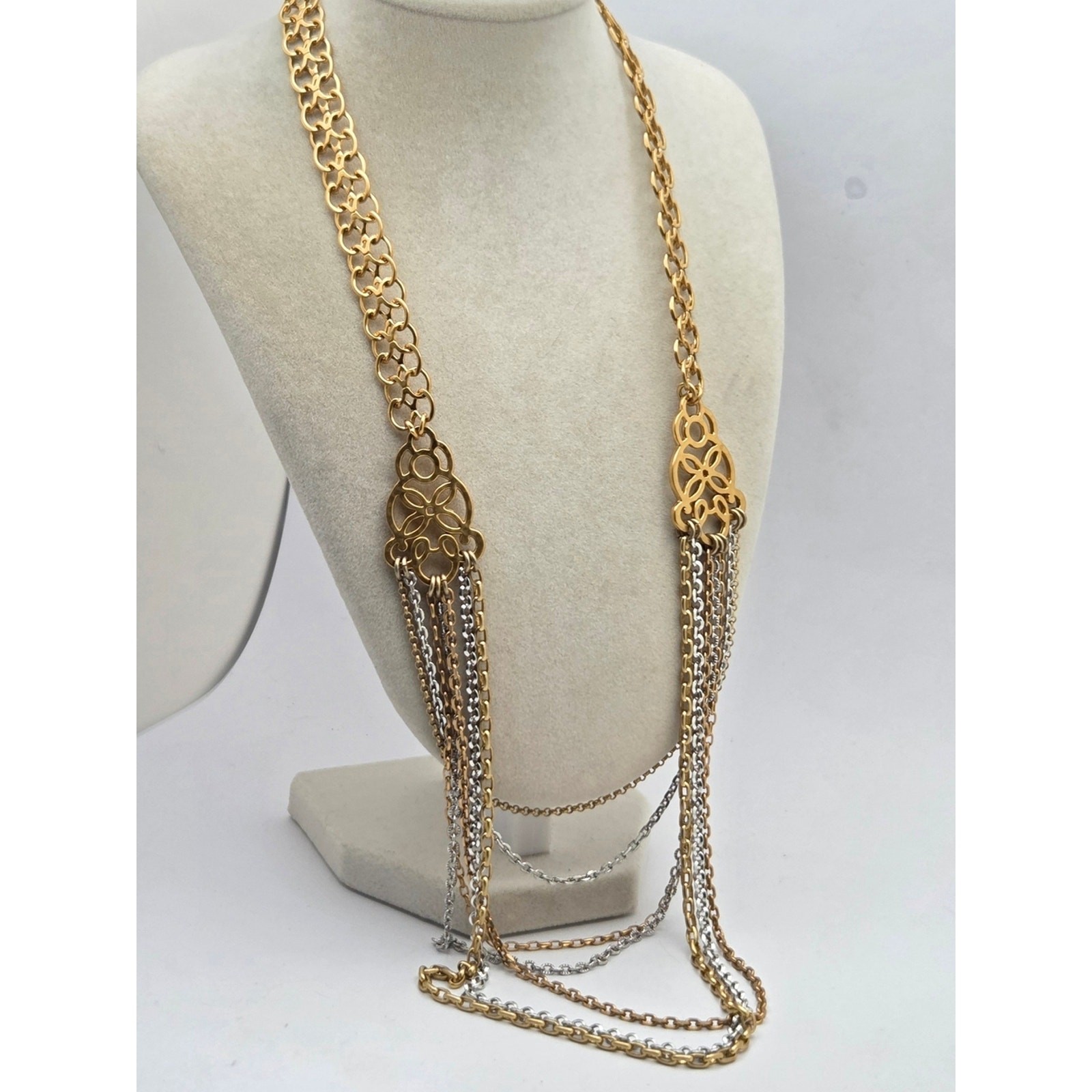 ​Brighton Multi-Strand Mixed Metal Chain Necklace 21″ Gold Silver Filigree