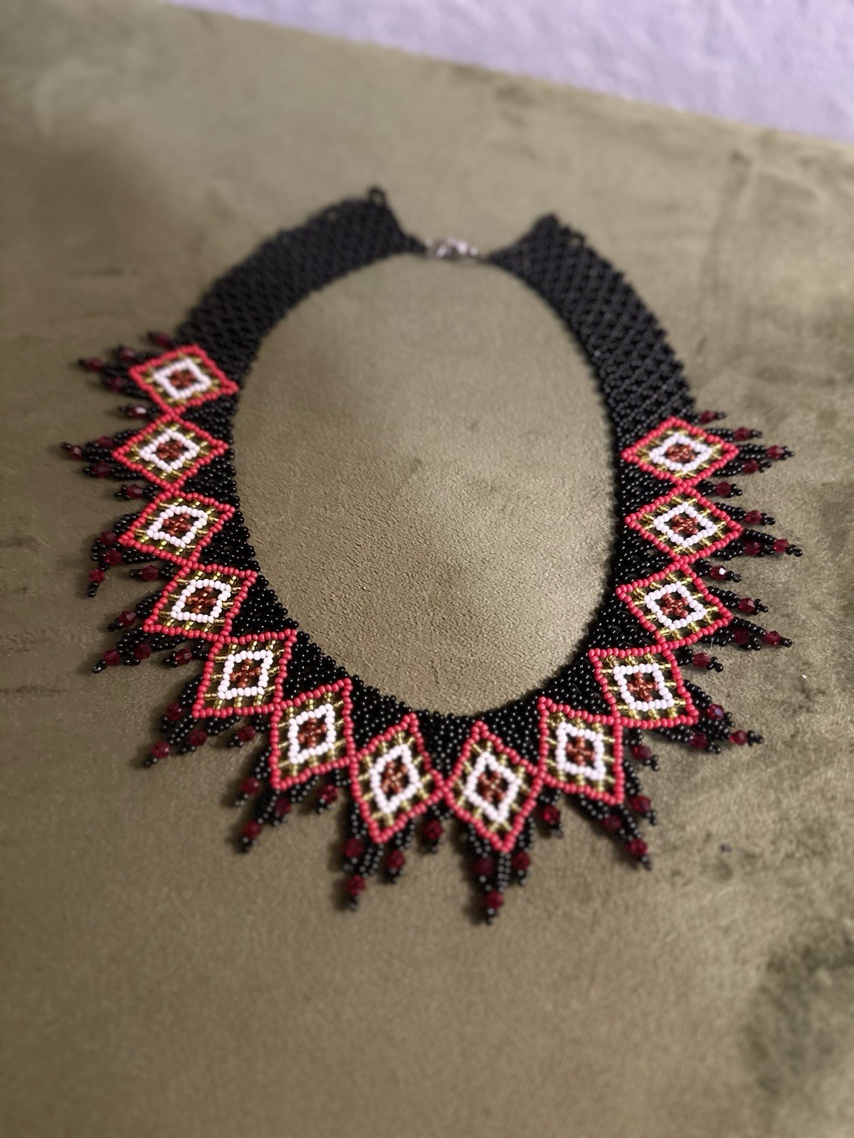 Handmade Beaded Statement NecklaceTribal Style Choker Black, Red & White Jewelry