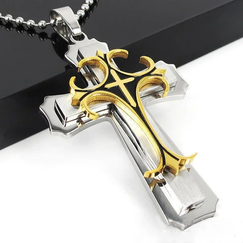 Cross Pendant Necklace Stainless Steel Crucifix Cuban Gold Black Men Unisex New