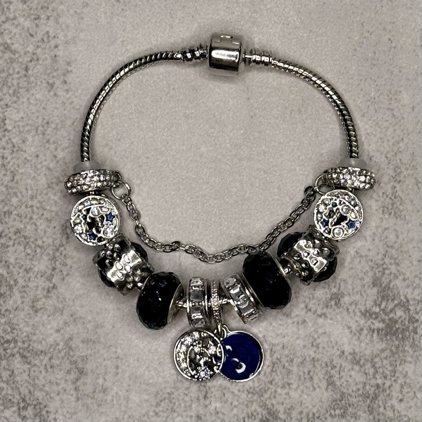 Celestial Charm Black Crystal Moon & Star Silver Bracelet