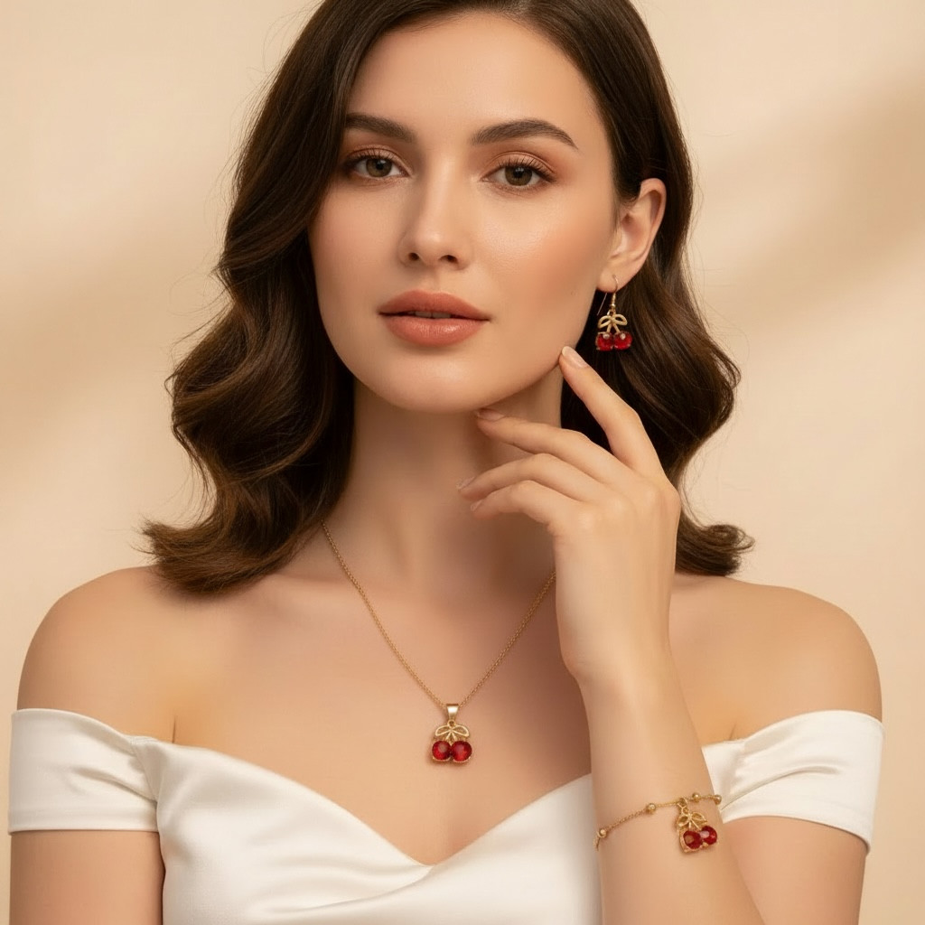 4pc Red Cherry Jewelry Set Stainless Steel Necklace Earrings Bracelet Ring y15