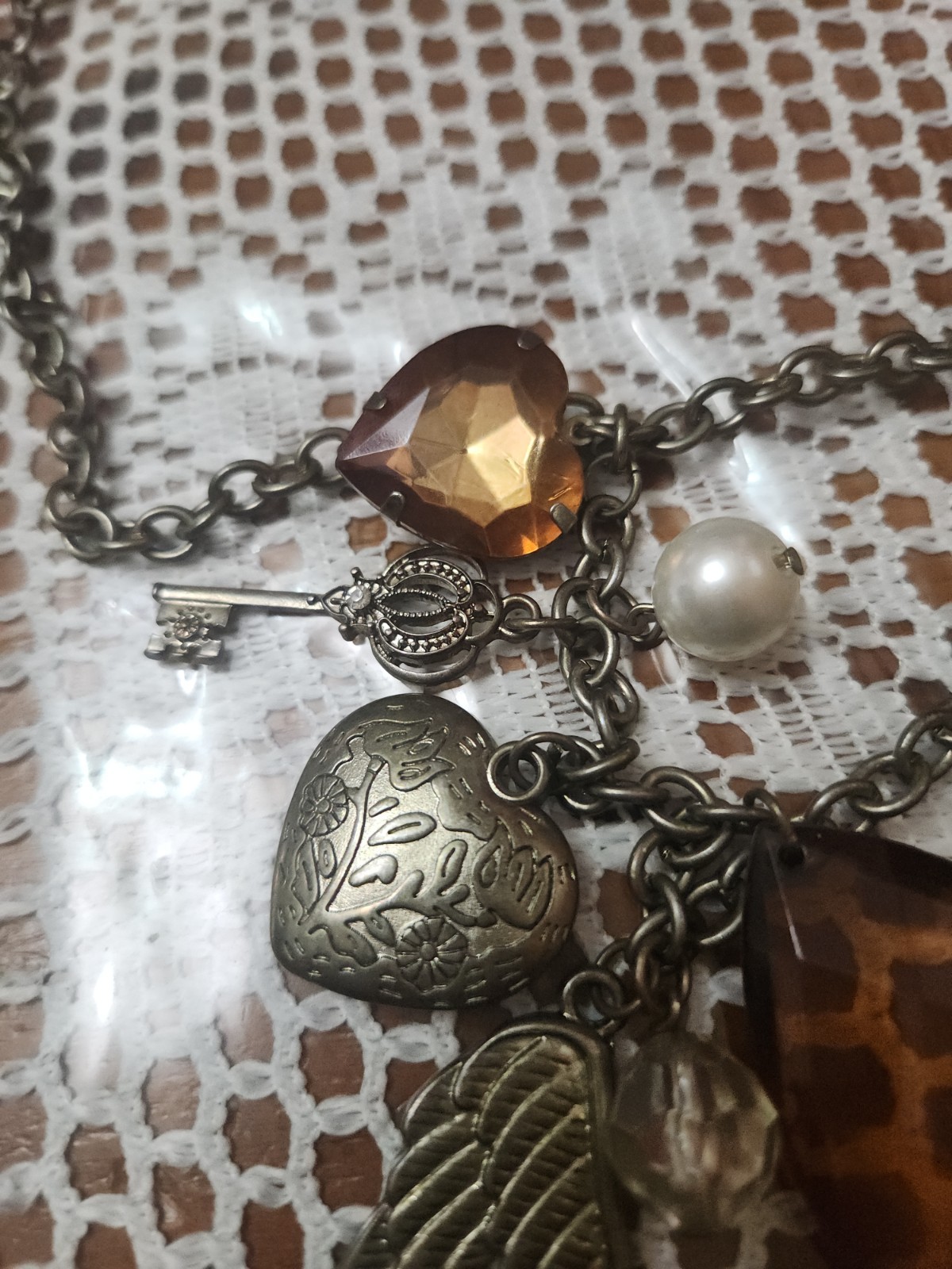 Boho Charm Statement Chain Necklace Vintage Style Hearts Beads Wing Key