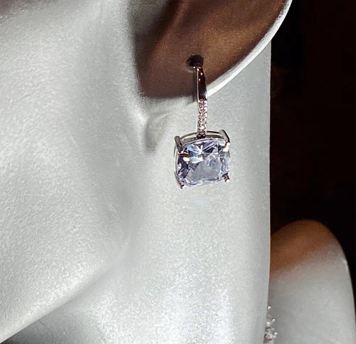 3CTW Simulated Diamond Cushion Drop Earrings 10k White Gold Plated Elegant Gift