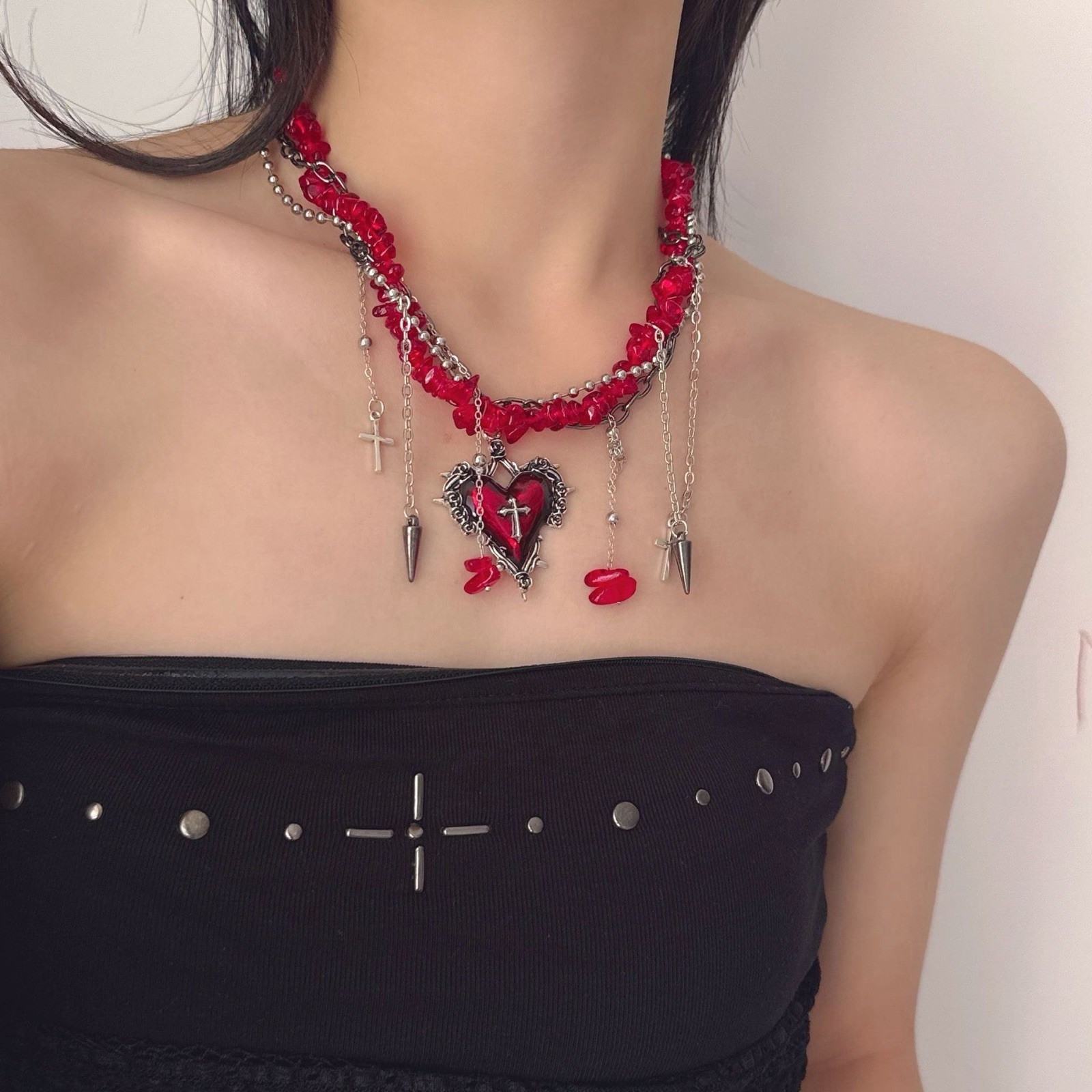 Gothic style personality red gravel chain love tassel wrap necklace female niche