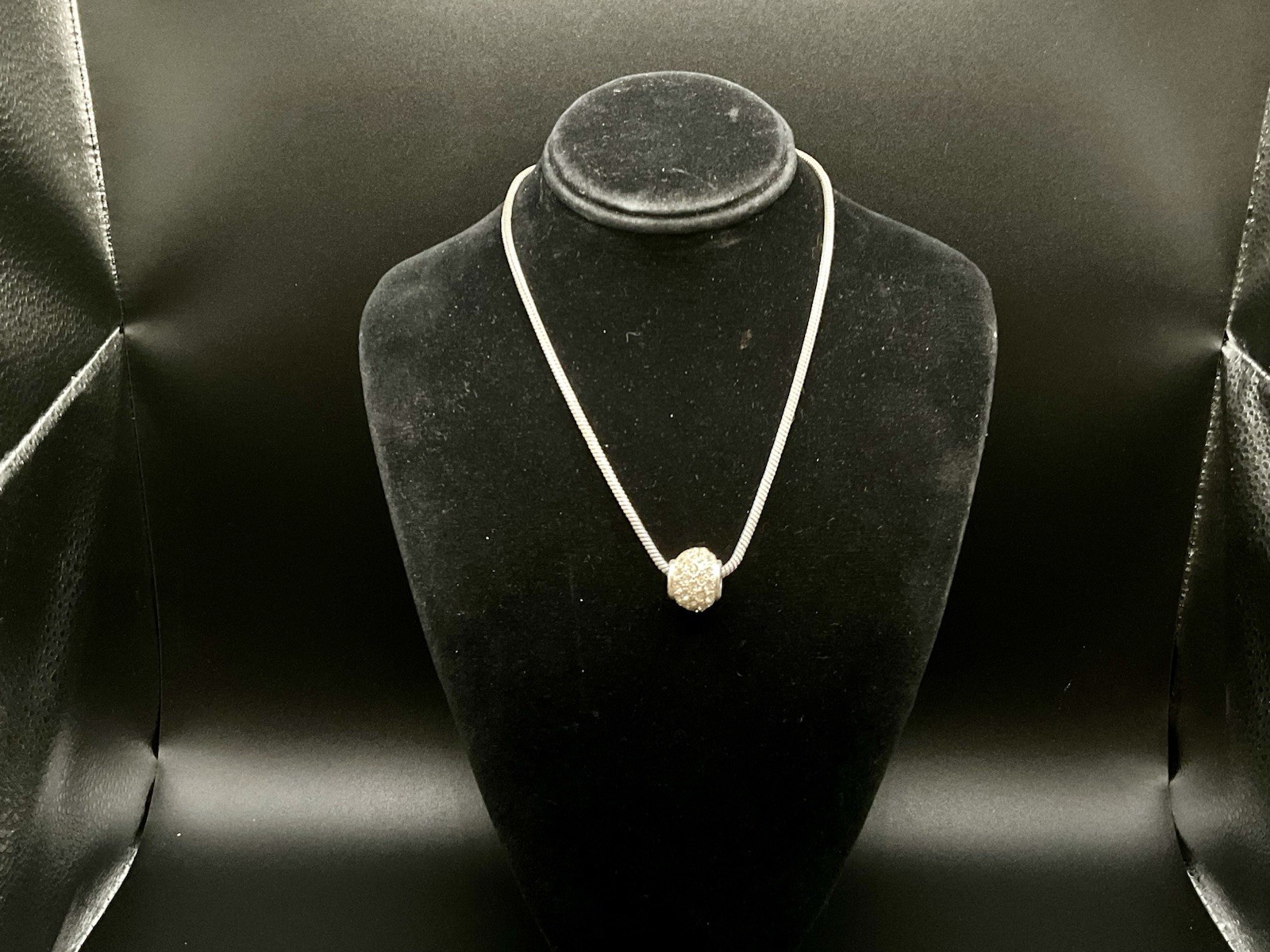 CZ Studded Round Bead Slide Pendant Necklace Adjustable Chain Silver Tone