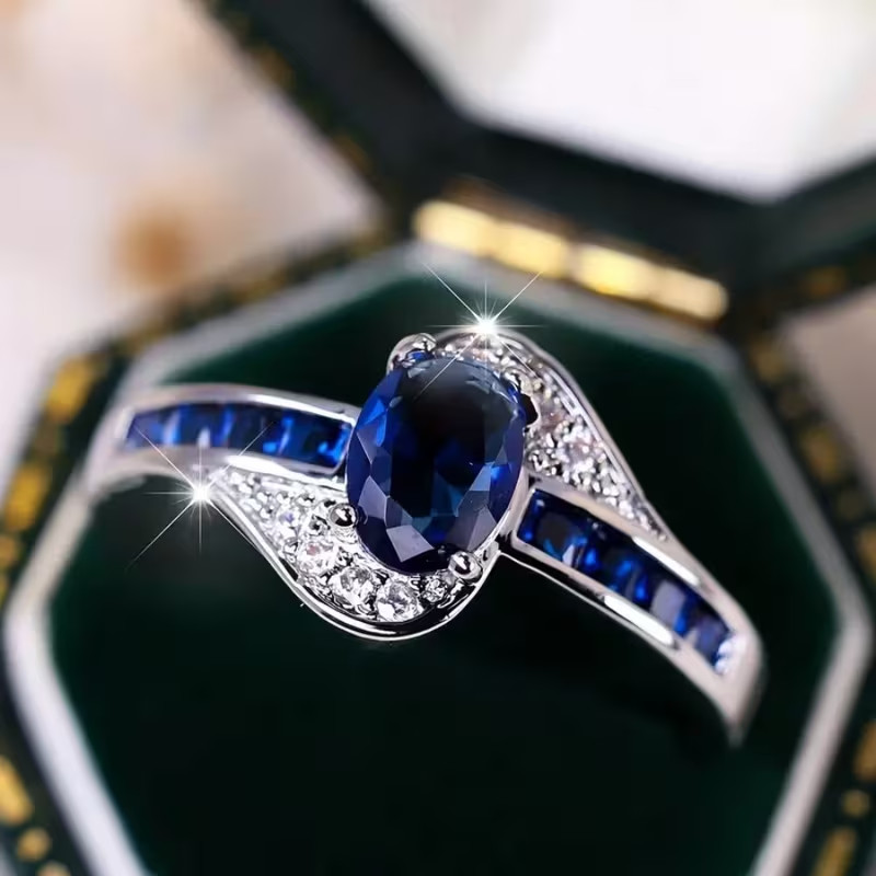 Beautiful Dark Blue Topaz & Cubic Zirconia Ring, Size 10. FREE SHIP IN THE USA!