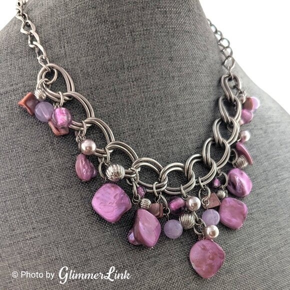 Silver Tone Bib Necklace with Pink Shell Chips Faux Pearls and Acrylic Beads