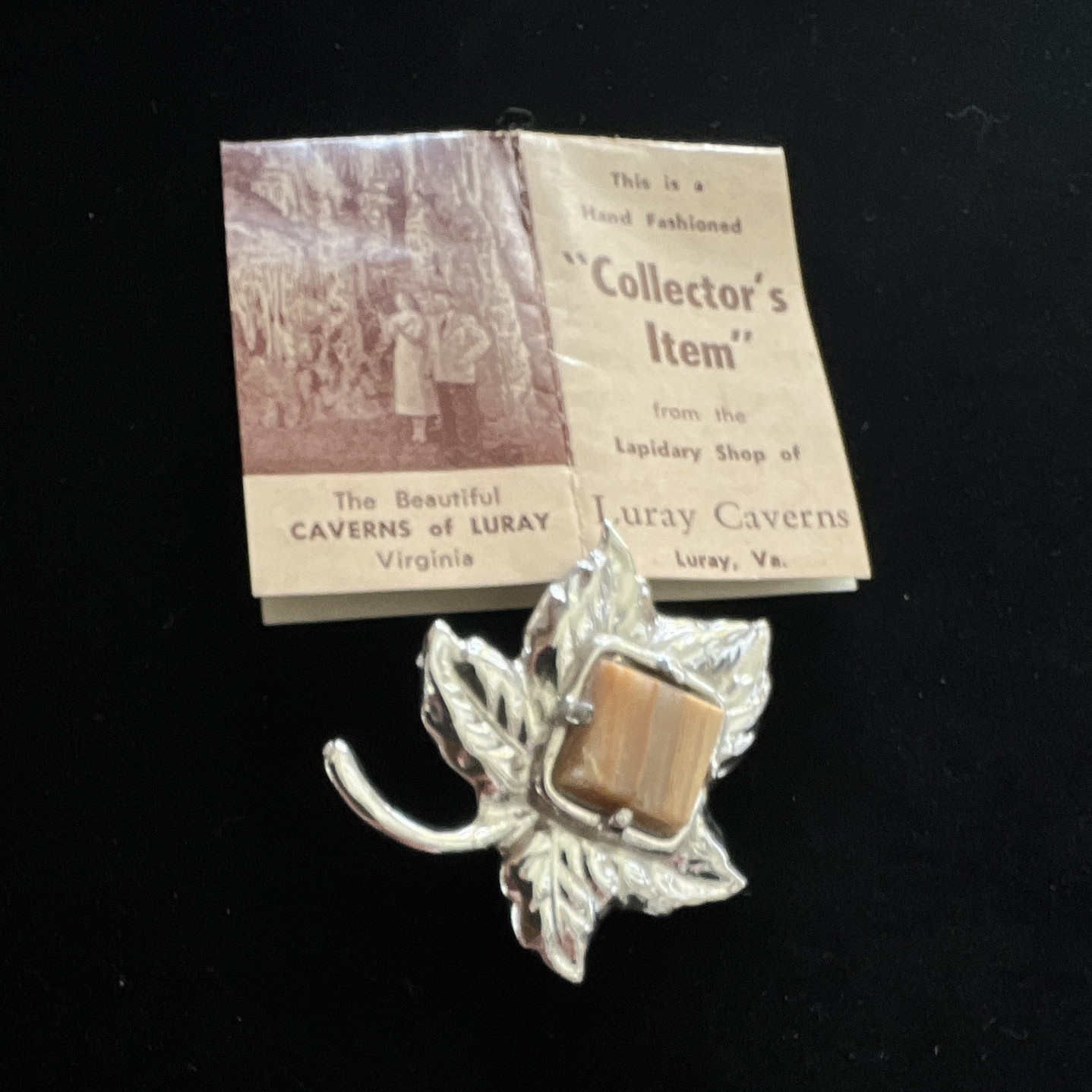 Leaf Brooch Pin Luray Caverns Virginia Square Brown Onyx Stone Bezel Set