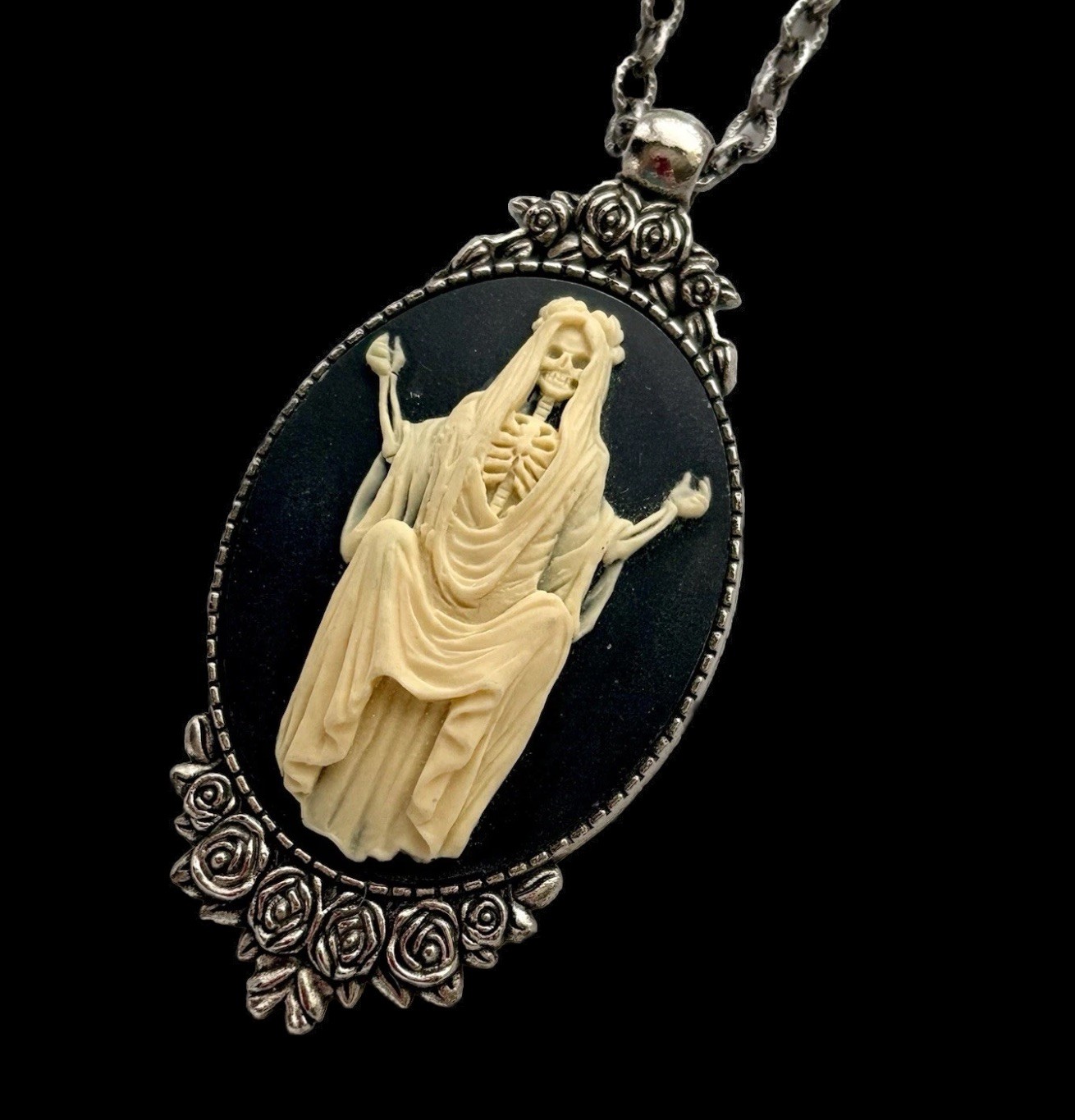 Santa Muerte Cameo Necklace Vintage Pendant, Ivory on Black, Antique Silver pltd