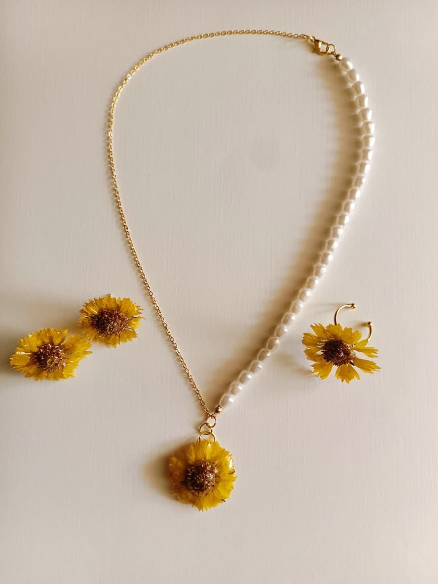 Real Pressed Sunflower Daisy Necklace Dangle Earrings Set Aesthetic Jewelry Gift