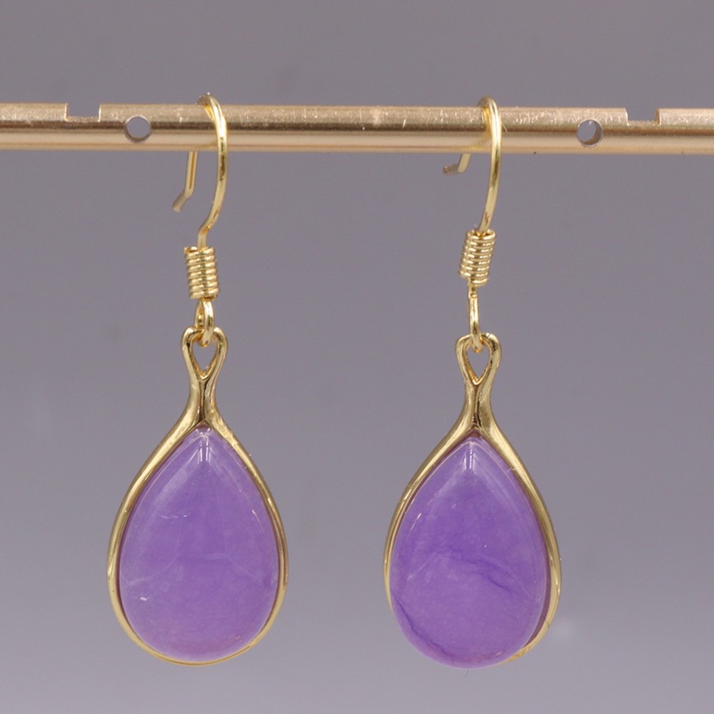 Gold Plated Alloy Heated Purple Jade Raindrop Charm Dangle Earrings 35mm H