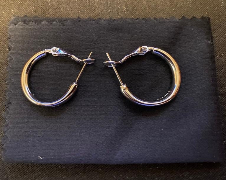 YSL Saint Laurent Silver Plated Stamped Small Logo Hoop Stud Earrings .75 inch