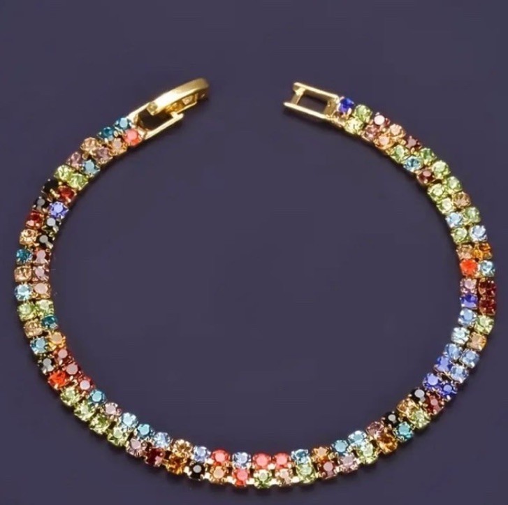 Multicolor Tennis Bracelet Round Stones Prong Gold Tone Box Closure 18cm