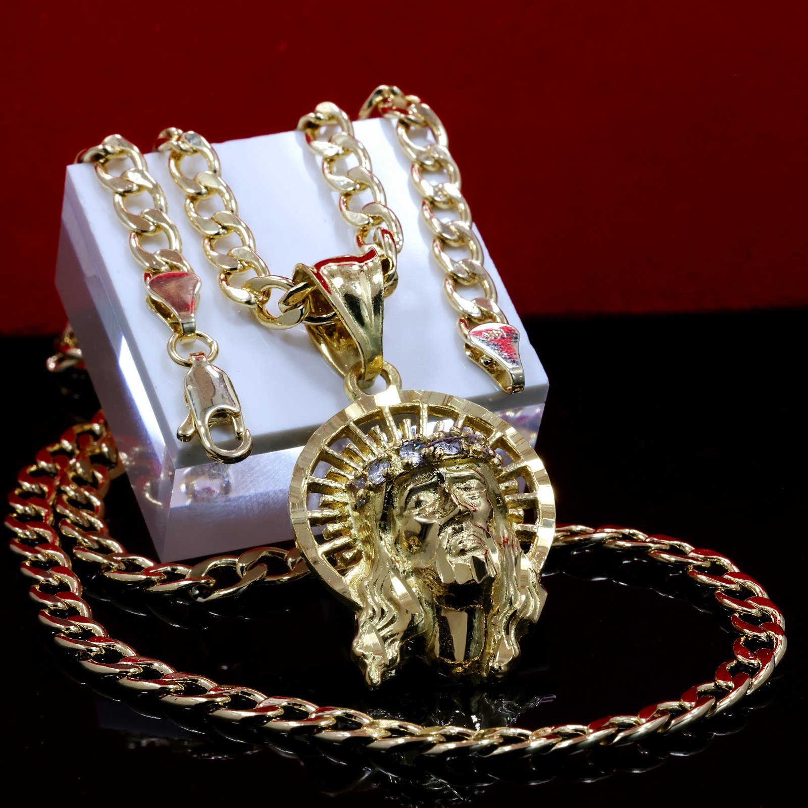 Risen Jesus Face Halo 14k Gold Plated Charm Pendant 20″ Cuban Choker Chain 212