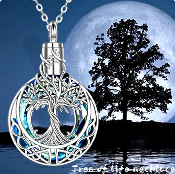 BLUE CZ CREMATION URN ASH TREE LIFE pendant on 22″ 925 Sterling Silver Necklace
