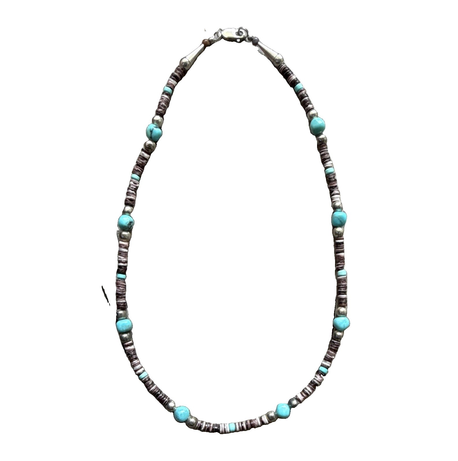 Beaded Necklace Turquoise Round Blue Beads Brown Heishi Silver Metal Hook Clasp