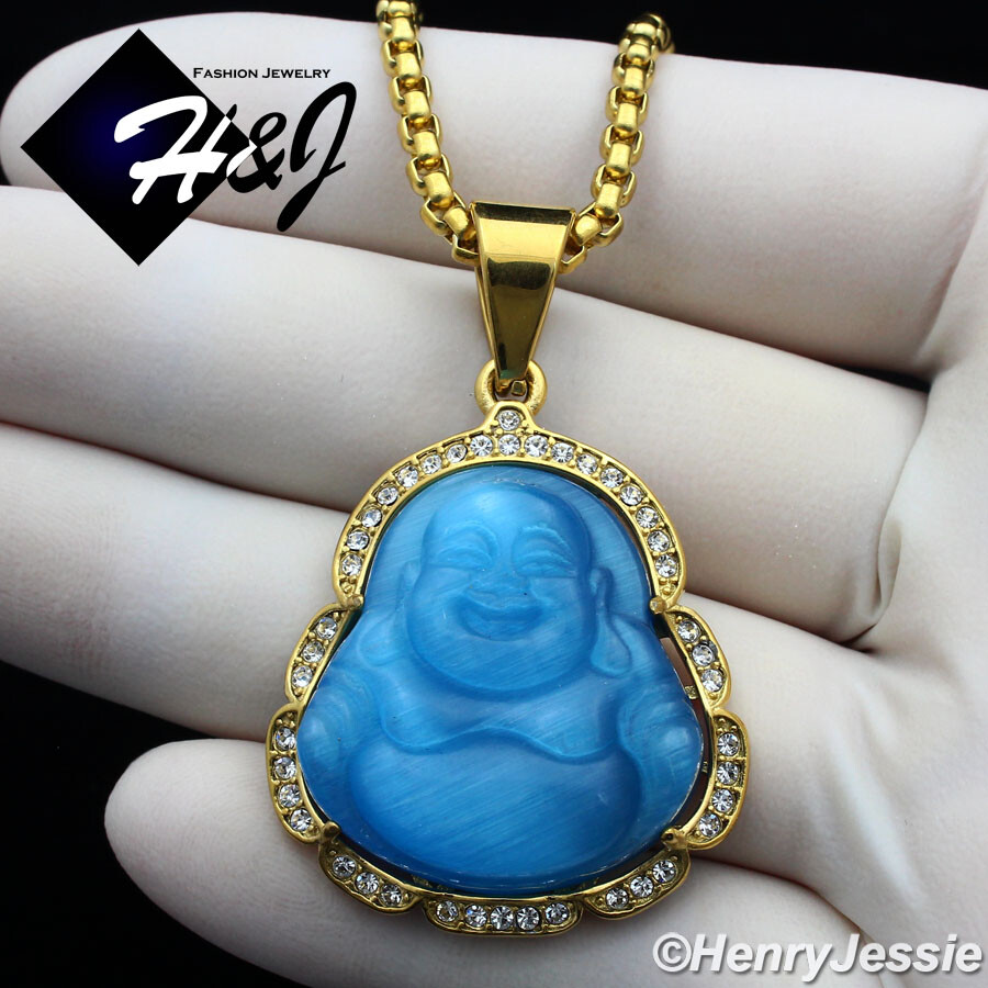 18″-36″Stainless Steel 3mm Gold Plated Chain Light Blue Rhinestone Pendant*GP117