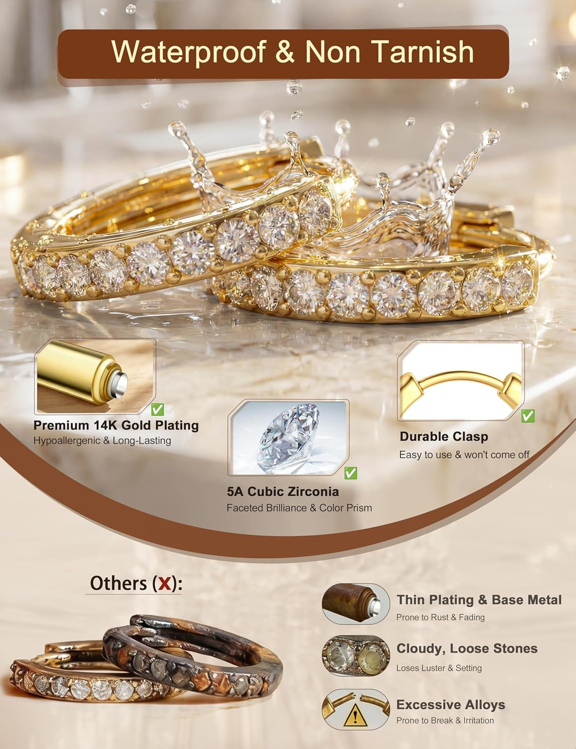 14K Gold Plated Chunky Hoop Earrings for Women Hypoallergenic – 4 Pairs Non Tarn