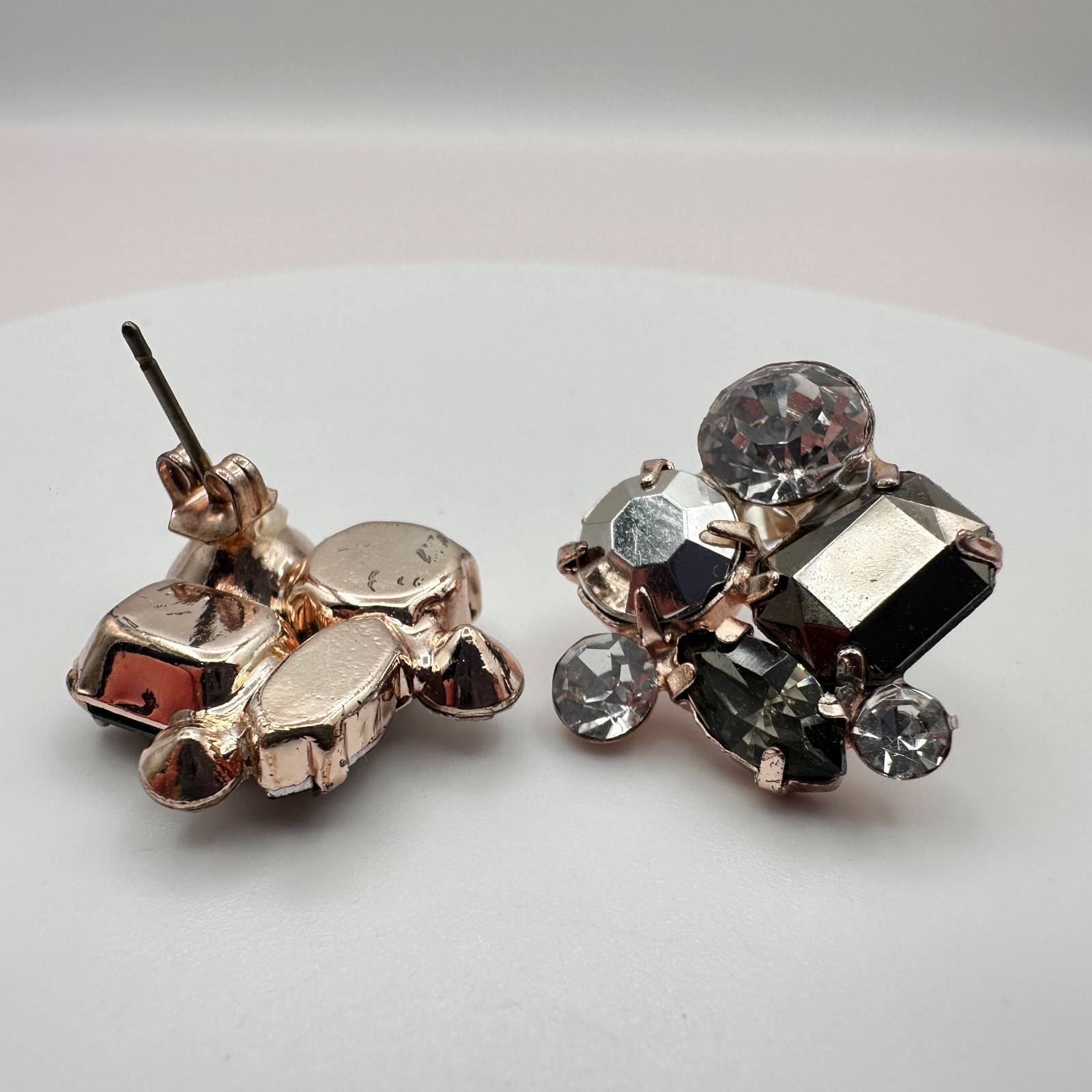 Vintage 80s Smoky Crystal Cluster Stud Earring Rose Gold Tone Statement Jewelry