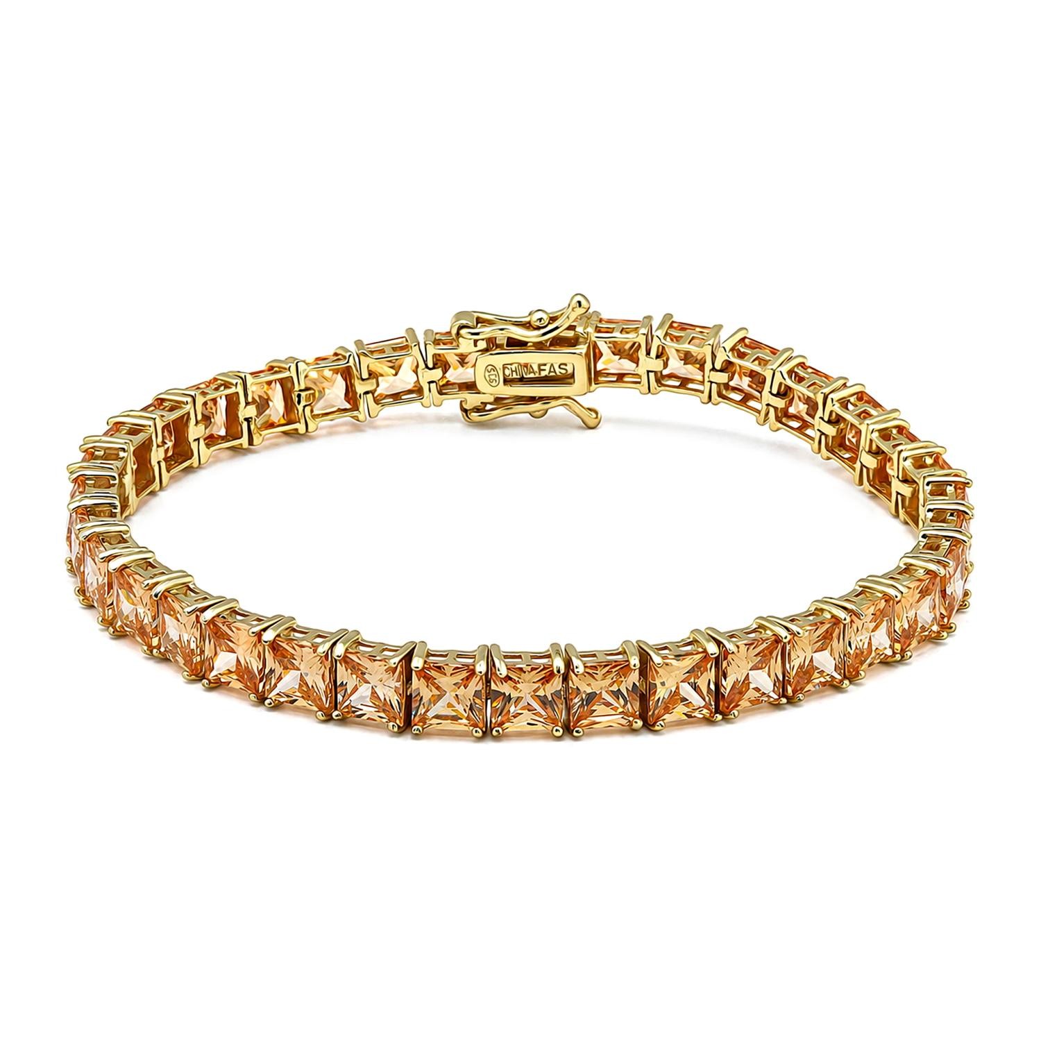 925 Sterling Silver 18K Gold Plated Champagne CZ Square Tennis Bracelet 7.25In