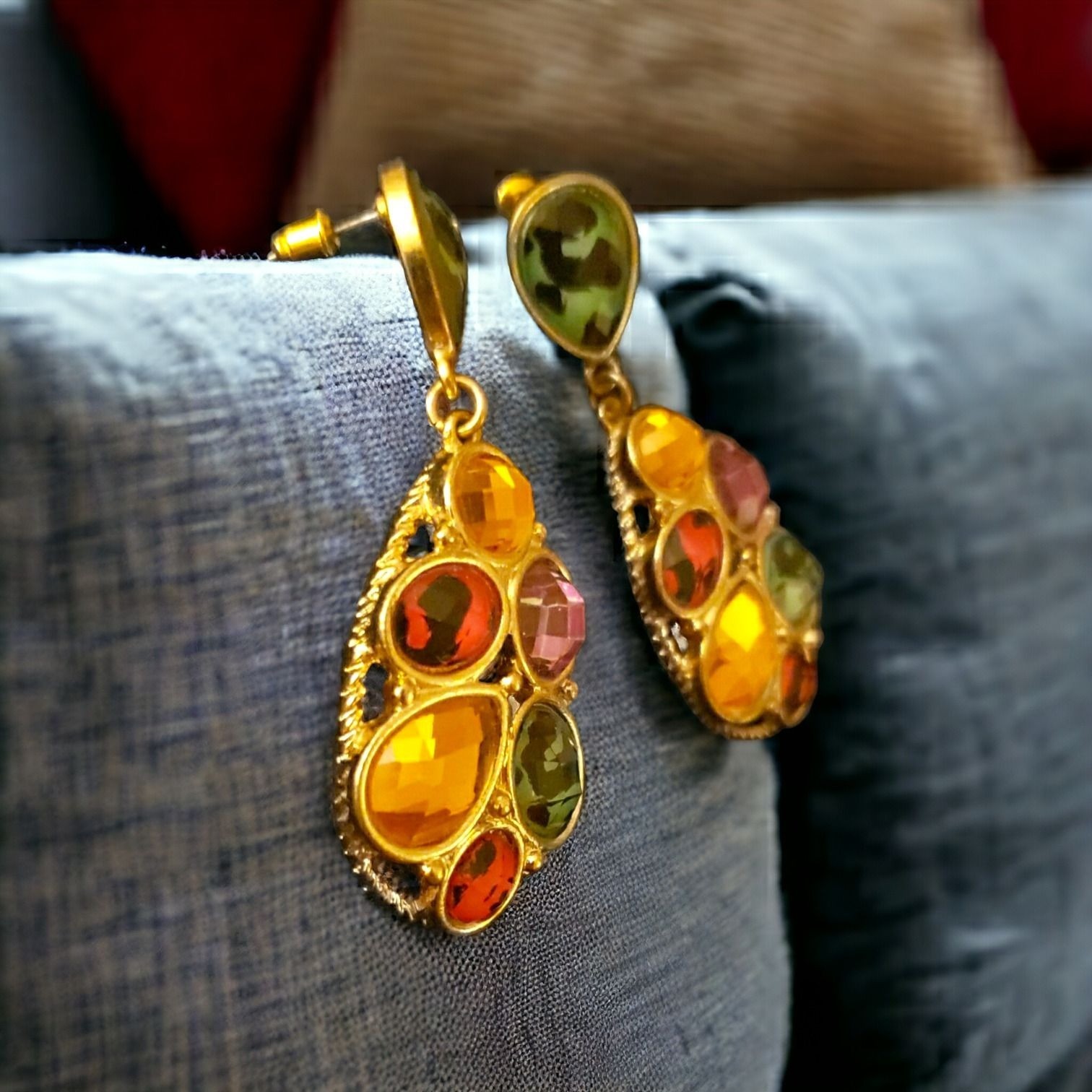 Earrings, Pierced Dangle Teardrop Multi-Color Acrylic & Resin Gold Tone (B108)