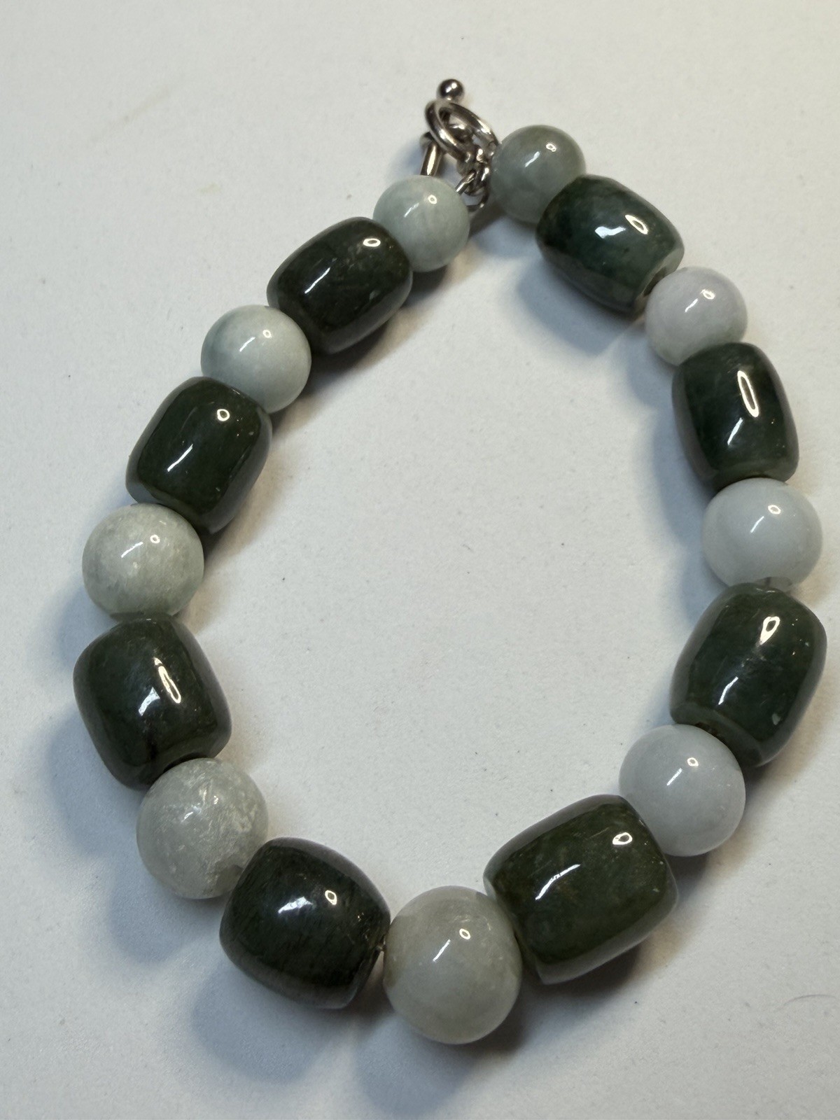 Vintage Natural Green Nephrite Jade & Agate Barrel Bead Toggle Bracelet 19.5cm