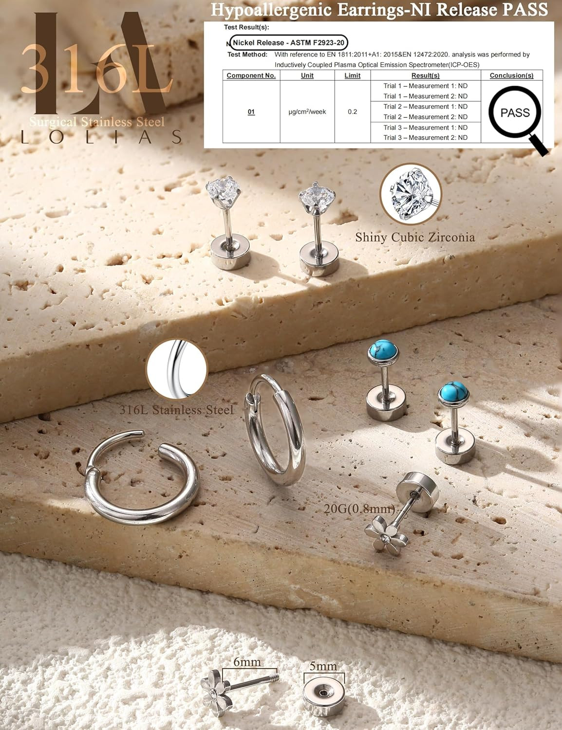 21Pairs Surgical Steel Flat Back Earrings Hypoallergenic 20G Screw Back Nap Stac