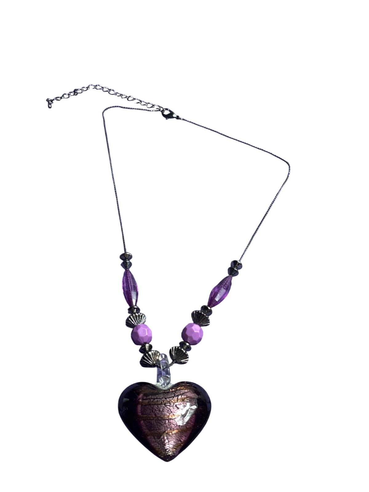 Purple Art Glass Pendant Necklace Gumetal Plastic Beads 17 – 20 inches Long