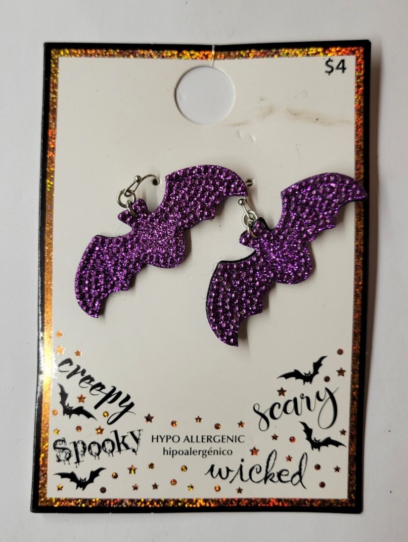Halloween Creepy Scary Spooky Wicked Purple Bat 1 Pair Hypo Allergenic Earrings