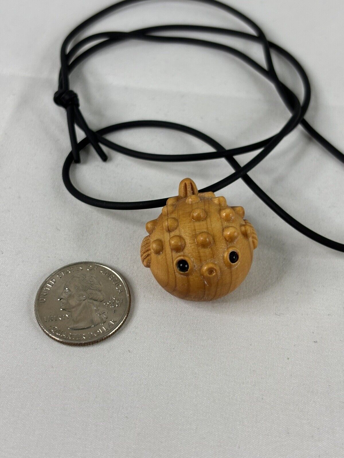 Puffer Fish Tiki Necklace Wood with Black Eyes 1″ Black Cord Surfer Beach Cute