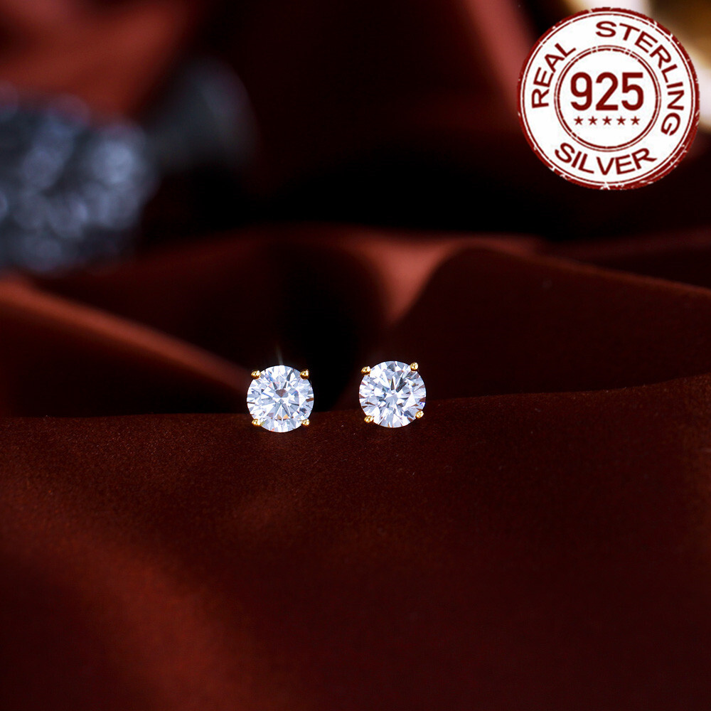 Gold Plated 925 Silver Filled Round Cubic Zirconia Screwback Stud Earrings Women