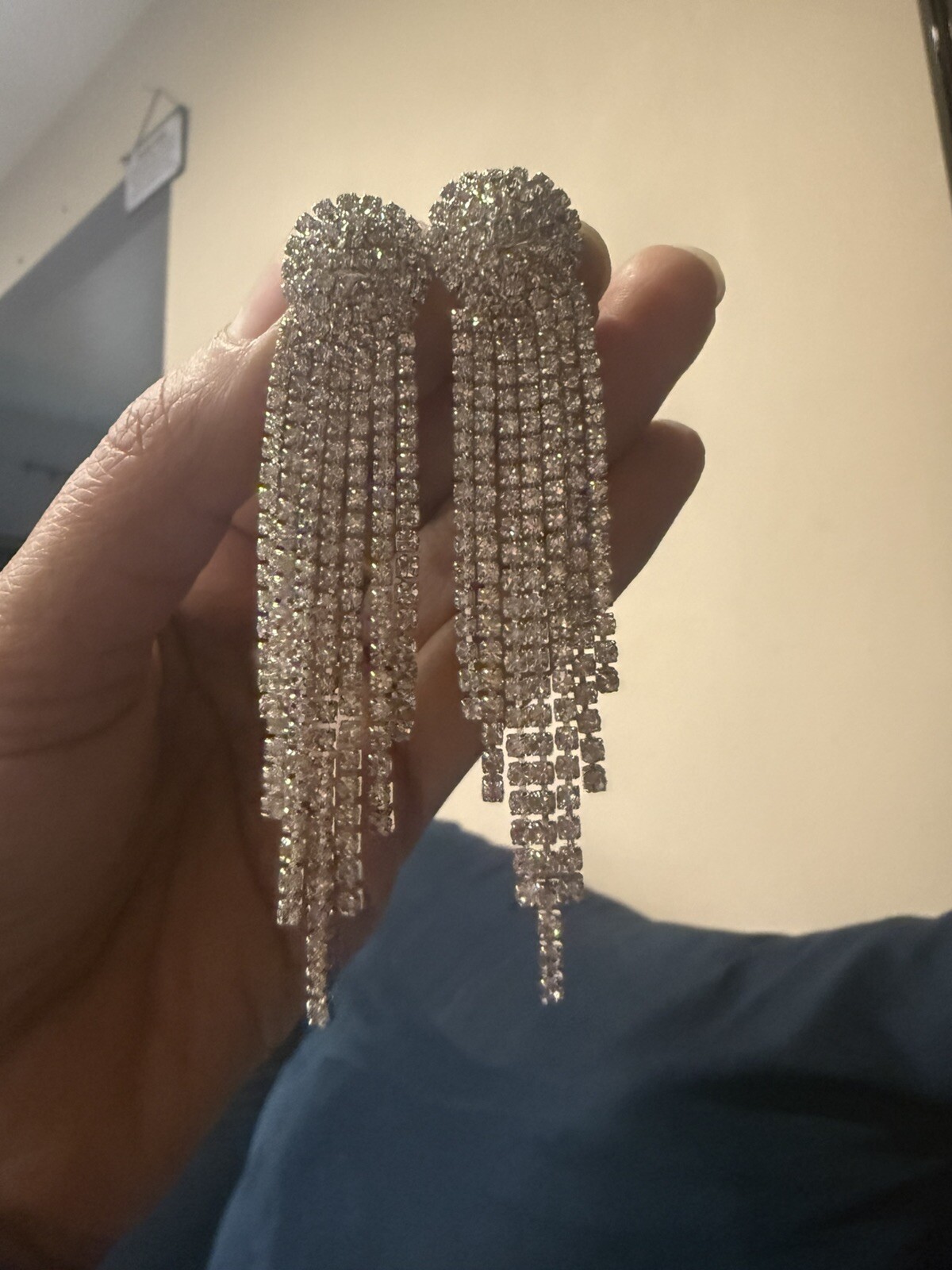 Clip On Clear Rhinestone Earrings Silver Bridal Wedding Long Dangle Pageant