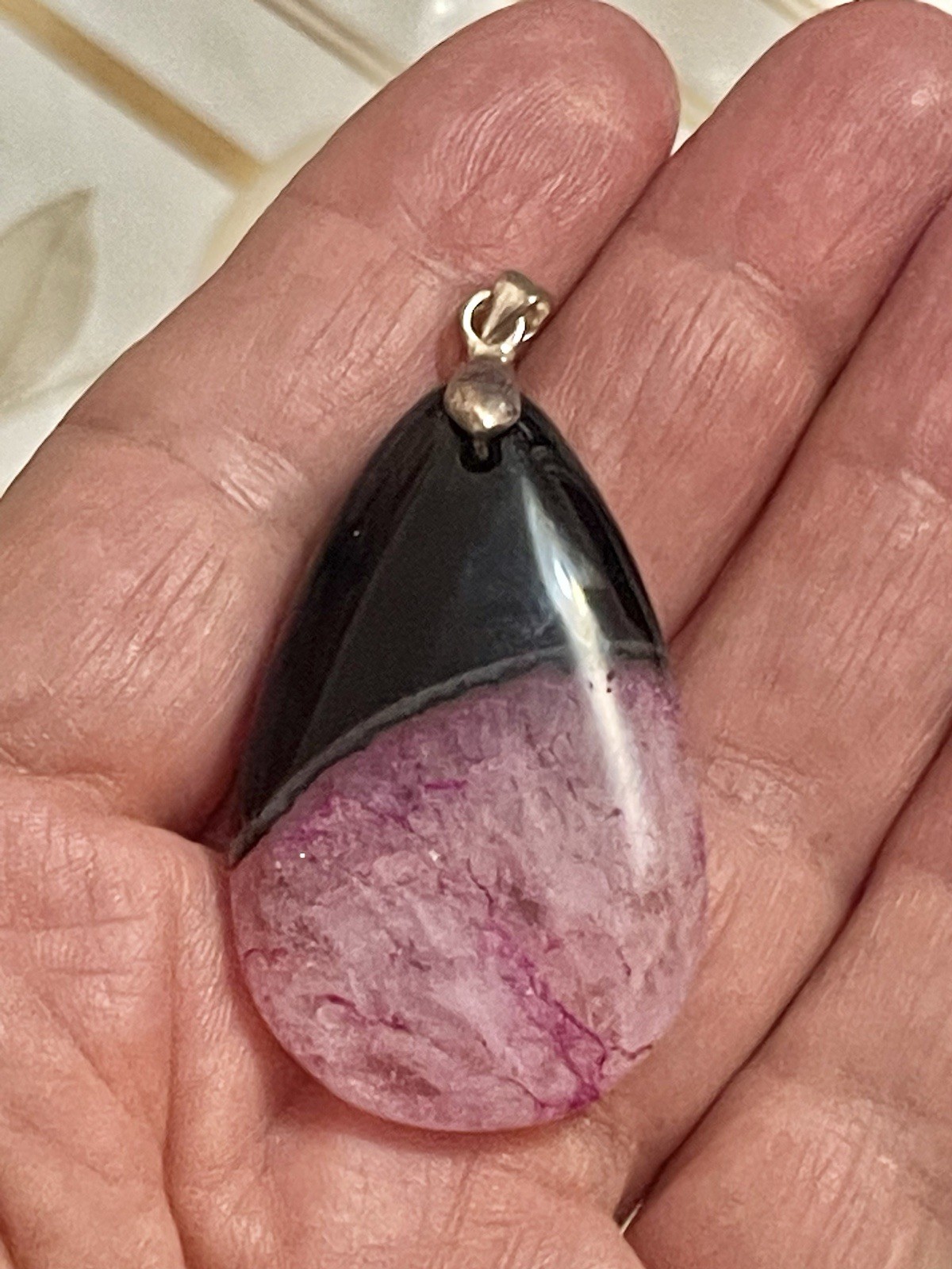 Black/purple Druzy Geode Agate gemstone Teardrop Pendant Silver