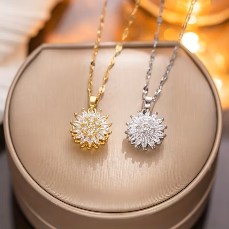 Sunflower Pendant Necklace Rotating Charm Dainty Floral Jewelry Gift For Her