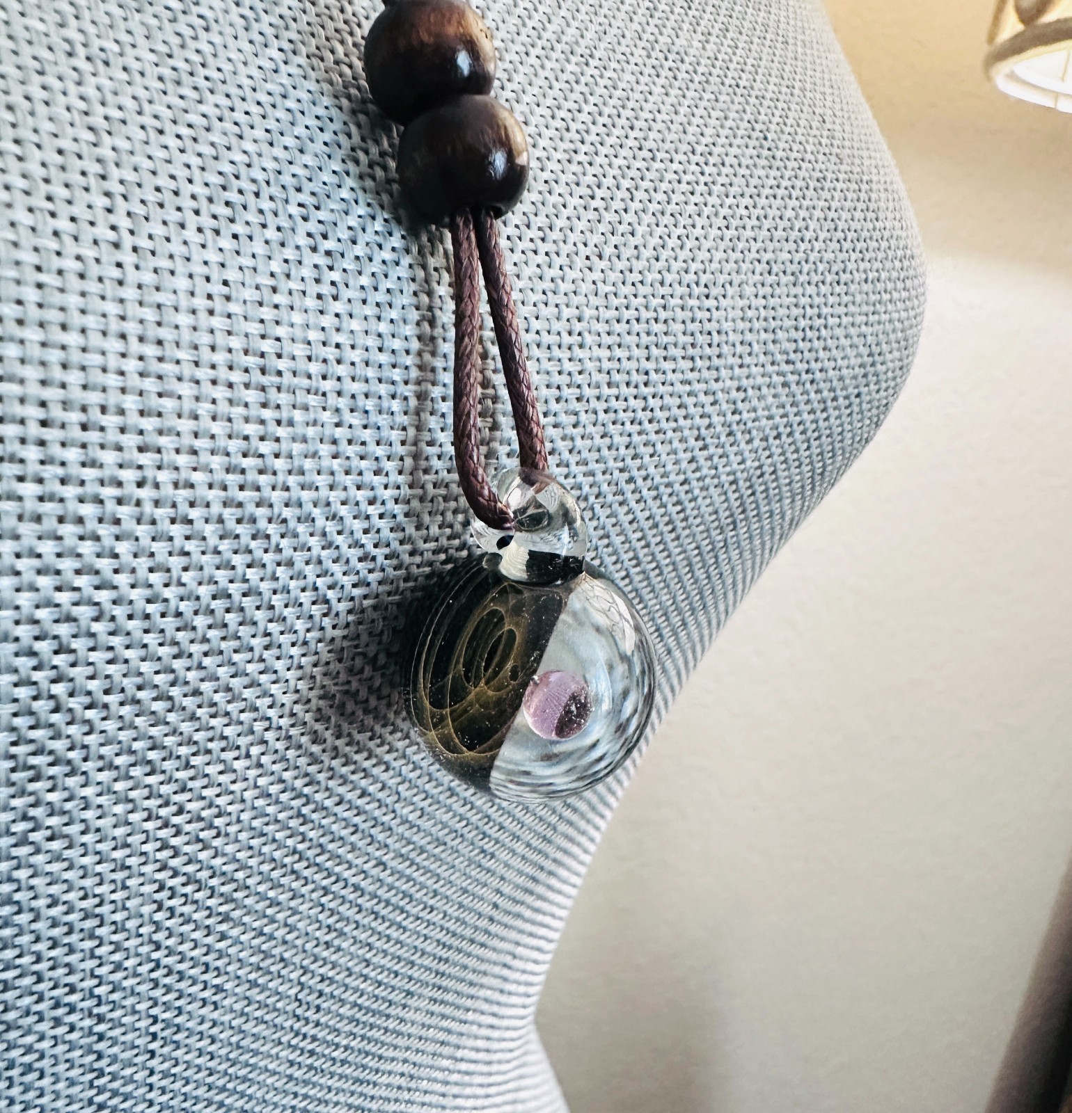 Galaxy Cosmic Sphere Glass Lampwork Pendant w/Long Brown Cord Necklace